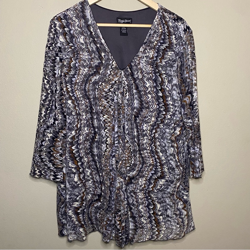 Maggie Barnes V-Neck Blouse Women 2X 22/24 Gray Brown Black Nylon Spandex Office